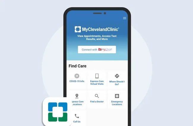 screenshot shows personalized customer service app from cleveland clinic. an example of personalization in healthcare.